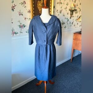 Vintage 1950s Navy Jacket & Illusion Lace Sheath Dress SET